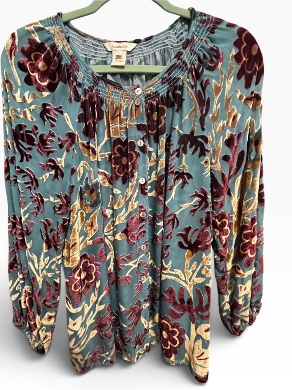 SUNDANCE Silk Blend Button Front
Floral Burnout Velvet Boho Top Size Large
